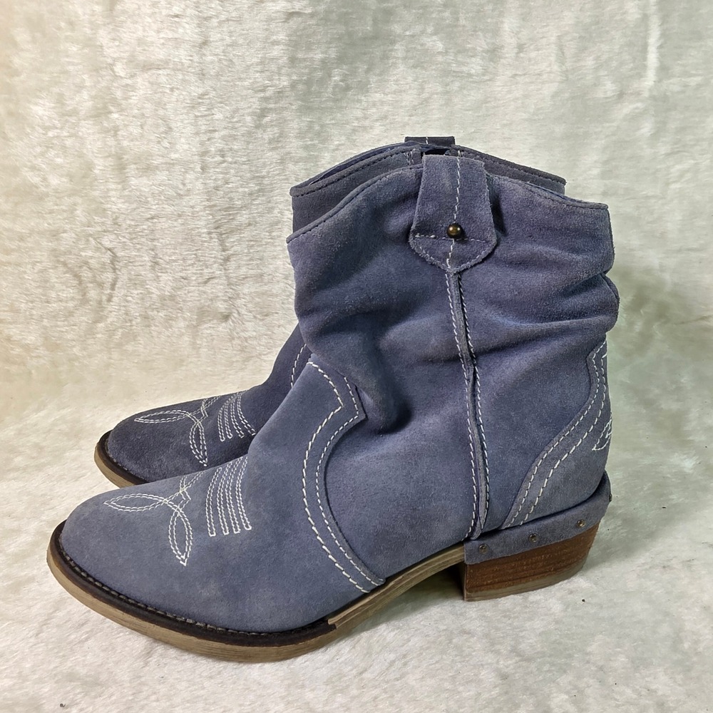 Sundance Suede Western Ankle Denim Boots Blue Slouchy Embroidered Women 39 8